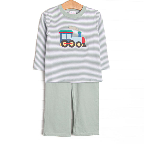 This set features sage striped knit material, a steam engine applique, and long sleeves. Coordinating sage pants to match.