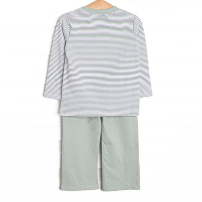 Steam Engine Applique Pant Set, Green Stripe