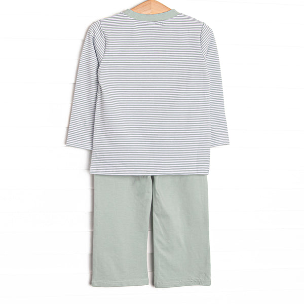 Steam Engine Applique Pant Set, Green Stripe