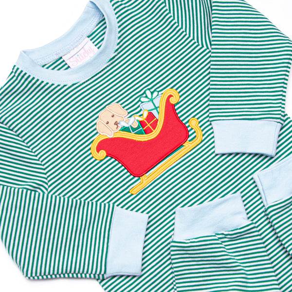 Sleigh Ride Sidekick Applique Romper, Green Stripe