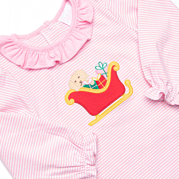 Sleigh Ride Sidekick Applique Ruffle Romper, Pink Stripe