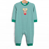 This romper features a green striped print, snaps on the stride, and a reindeer applique.