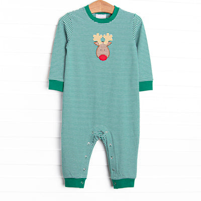 This romper features a green striped print, snaps on the stride, and a reindeer applique.