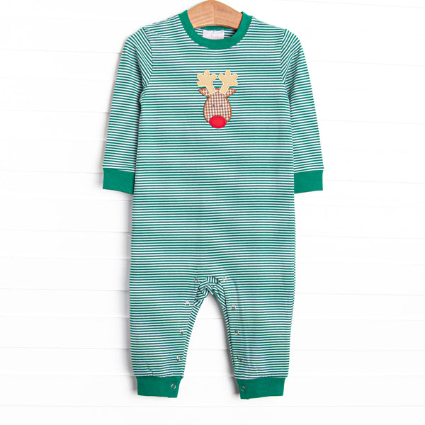 This romper features a green striped print, snaps on the stride, and a reindeer applique.