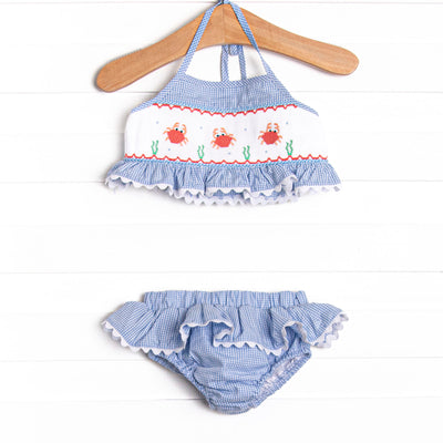 Crab Walk Catch Smocked Bikini, Blue