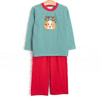 This set features a green striped print, a red trim, and a festive puppy applique. Coordinating red pants to match.