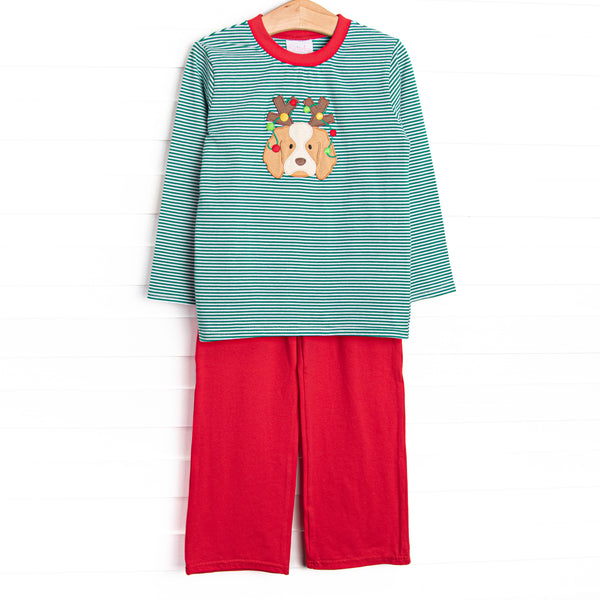 This set features a green striped print, a red trim, and a festive puppy applique. Coordinating red pants to match.