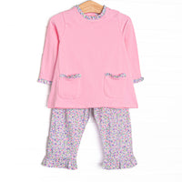This set features pink knit fabric, front ruffle pockets, and floral ruffle trim. Coordinating purple floral leggings to match.