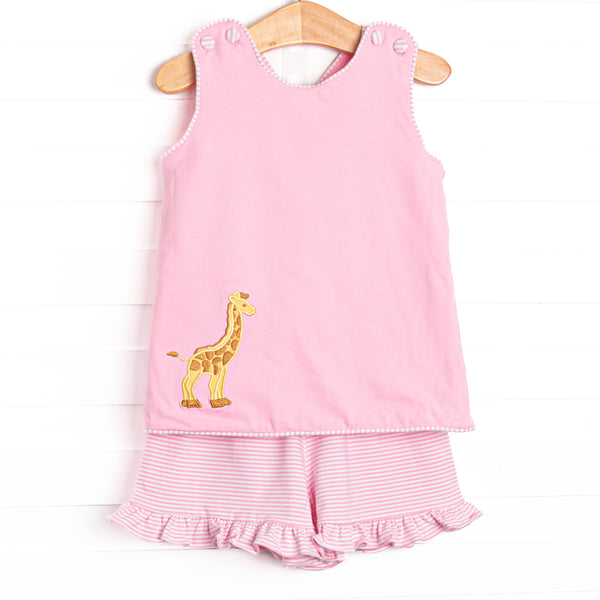 Giraffe Giant Applique Cross Back Ruffle Short Set, Pink