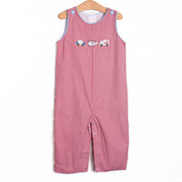 This Jon Jon features red gingham fabric, first responder trio applique, and blue gingham piping.