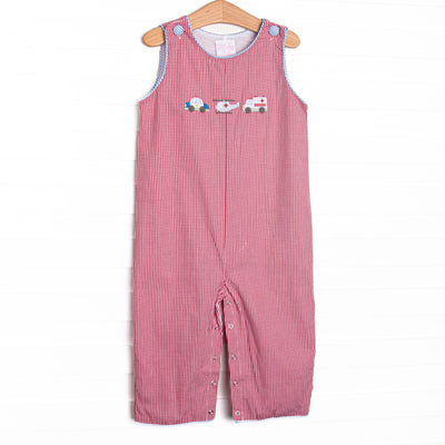 This Jon Jon features red gingham fabric, first responder trio applique, and blue gingham piping.