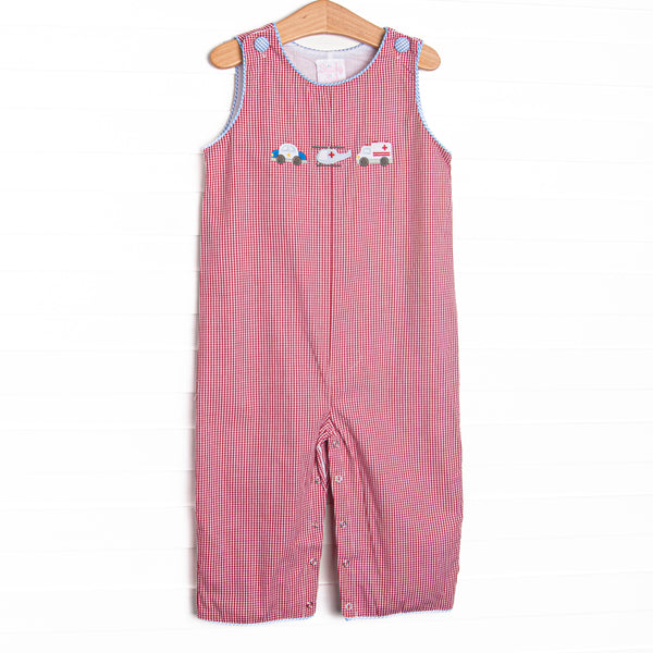 This Jon Jon features red gingham fabric, first responder trio applique, and blue gingham piping.