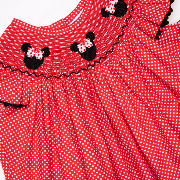 Miss Mouse Smocked Ruffle Bubble, Red