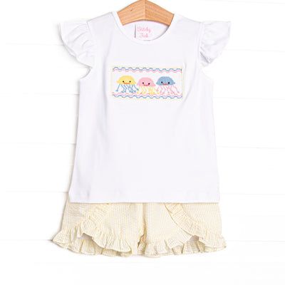 Blue Sea Stinger Smocked Ruffle Short Set, Yellow Seersucker