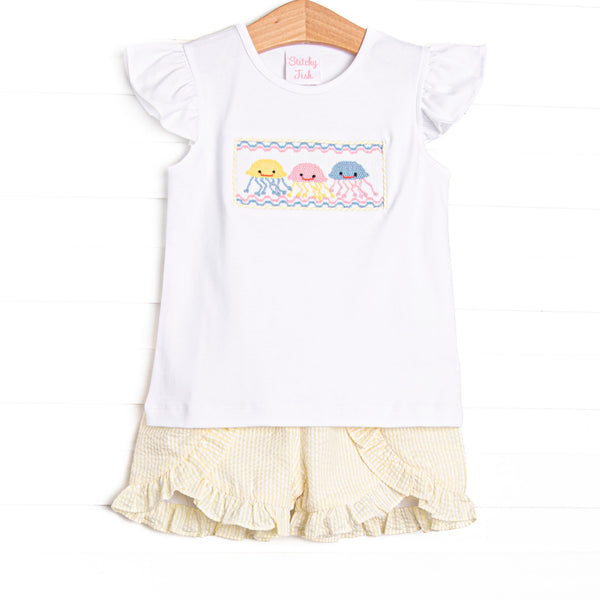 Blue Sea Stinger Smocked Ruffle Short Set, Yellow Seersucker