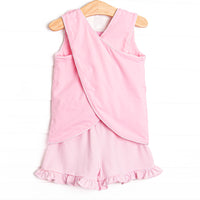 Giraffe Giant Applique Cross Back Ruffle Short Set, Pink