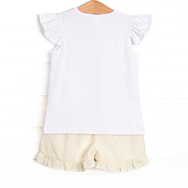 Blue Sea Stinger Smocked Ruffle Short Set, Yellow Seersucker