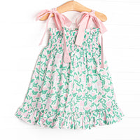 Patio Petals Elastic Smocked Dress, Green