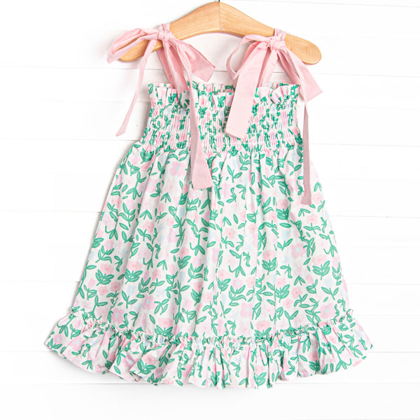 Patio Petals Elastic Smocked Dress, Green