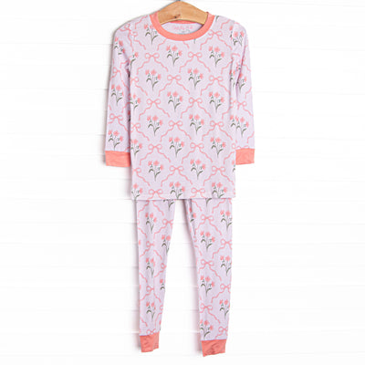 Rosebud Ribbons Bamboo Pajama Set, Pink