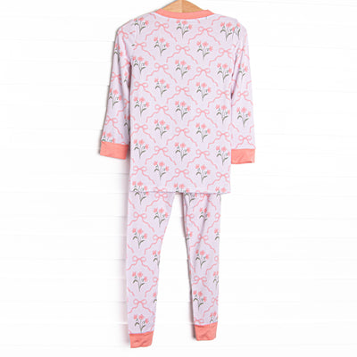 Rosebud Ribbons Bamboo Pajama Set, Pink