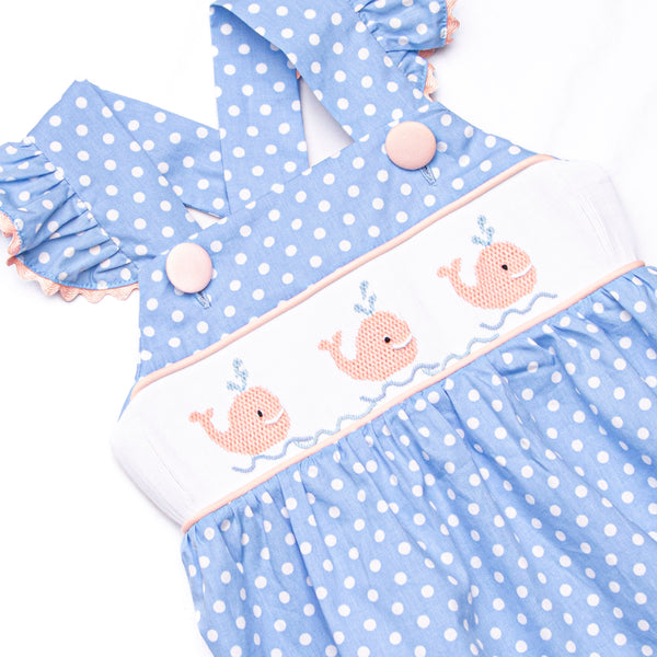 Blue Whale Waters Smocked Cross Back Bubble, Blue