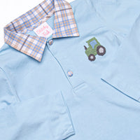 Tilling Tractor French Knot Embroidered Polo Pant Set, Blue
