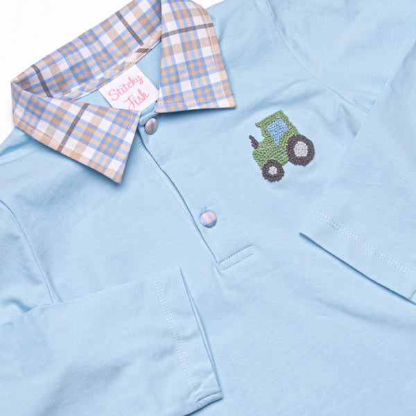 Tilling Tractor French Knot Embroidered Polo Pant Set, Blue