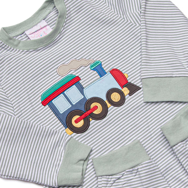 Steam Engine Applique Romper, Green Stripe
