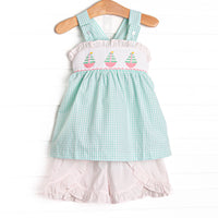 Striped Sails Smocked Ruffle Short Set, Mint