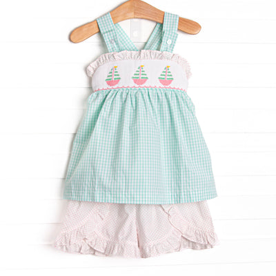 Striped Sails Smocked Ruffle Short Set, Mint