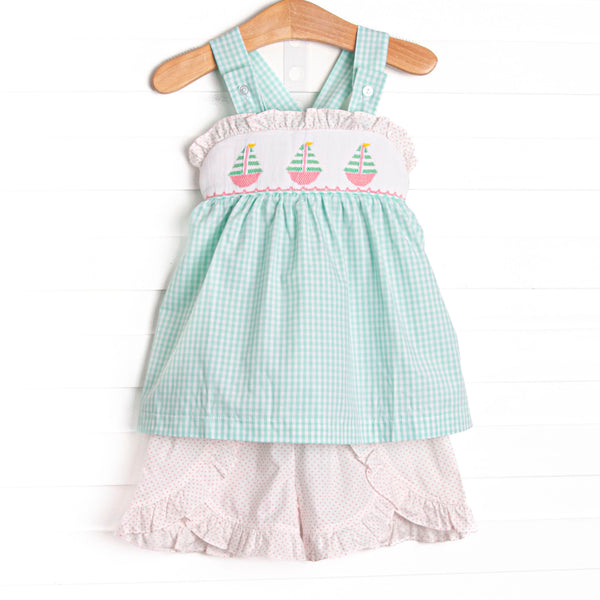 Striped Sails Smocked Ruffle Short Set, Mint