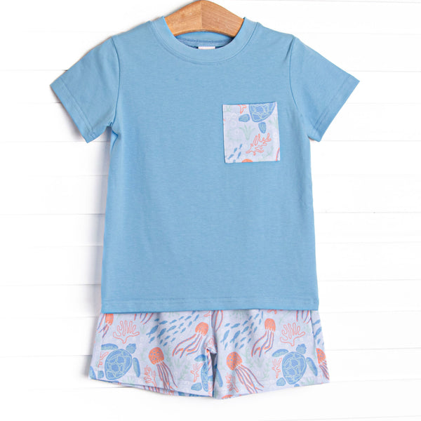Sea Turtle Season Short Set, Blue