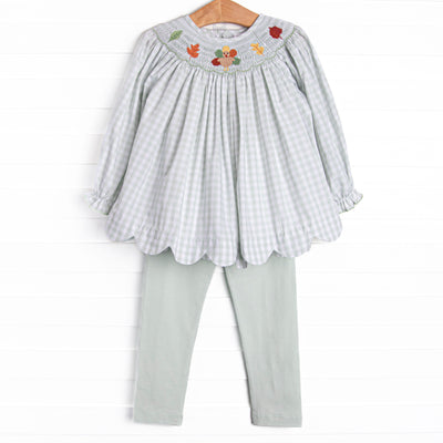 Fall Leaf Feathers Smocked Legging Set, Green