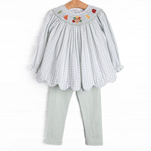 Fall Leaf Feathers Smocked Legging Set, Green