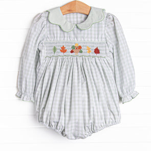 Fall Leaf Feathers Smocked Bubble, Green