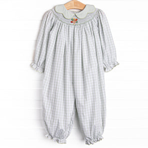 Fall Leaf Feathers Smocked Romper, Green