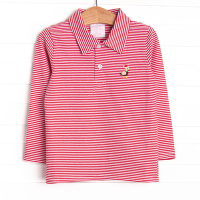  This top features a red striped print, a polo collar and a santa mallard embroidery. 