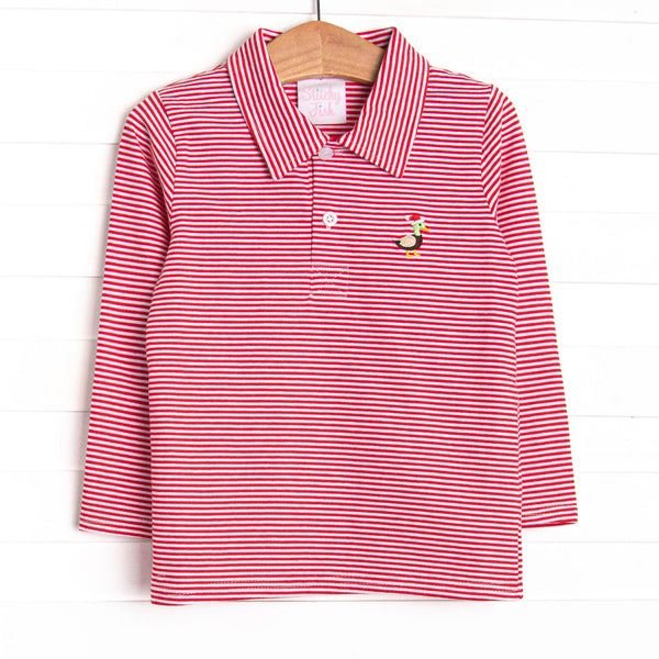  This top features a red striped print, a polo collar and a santa mallard embroidery. 