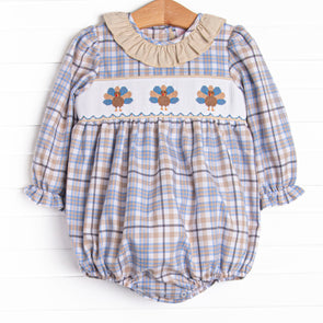 Autumn Bird Blessing Smocked Girl Bubble, Blue and Tan Plaid