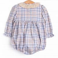 Autumn Bird Blessing Smocked Girl Bubble, Blue and Tan Plaid