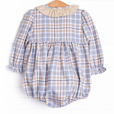 Autumn Bird Blessing Smocked Girl Bubble, Blue and Tan Plaid