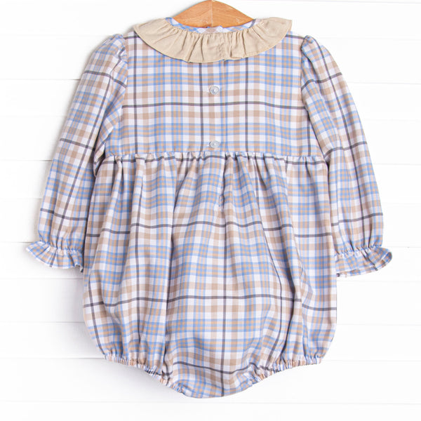 Autumn Bird Blessing Smocked Girl Bubble, Blue and Tan Plaid