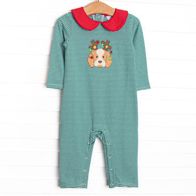 This romper features a green striped print, a red peter pan collar, and a festive puppy applique.