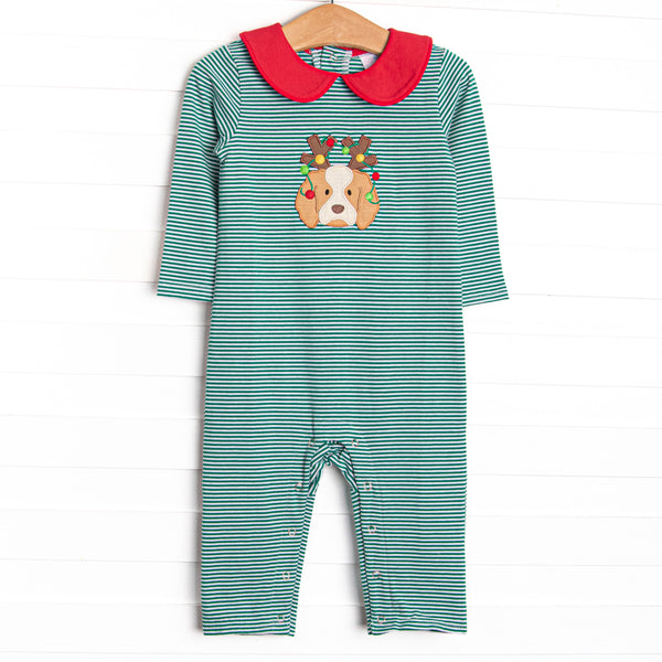 This romper features a green striped print, a red peter pan collar, and a festive puppy applique.