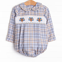 Autumn Bird Blessing Smocked Boy Bubble, Blue and Tan Plaid