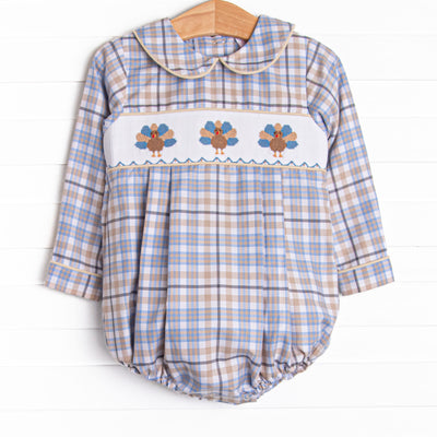 Autumn Bird Blessing Smocked Boy Bubble, Blue and Tan Plaid