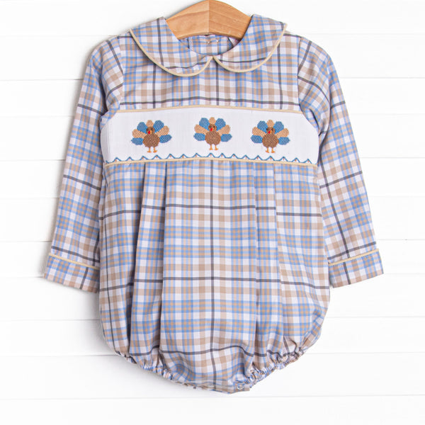 Autumn Bird Blessing Smocked Boy Bubble, Blue and Tan Plaid