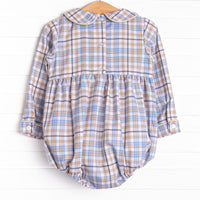Autumn Bird Blessing Smocked Boy Bubble, Blue and Tan Plaid