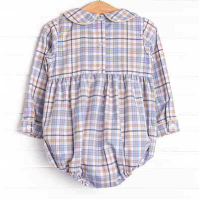 Autumn Bird Blessing Smocked Boy Bubble, Blue and Tan Plaid
